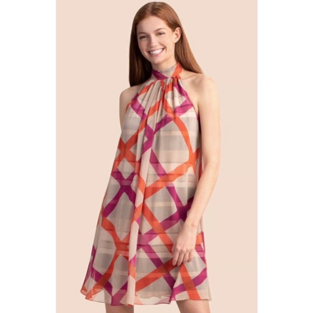 Trina Turk colorful Sleeveless halter criss-cross pattern XL overlay dress